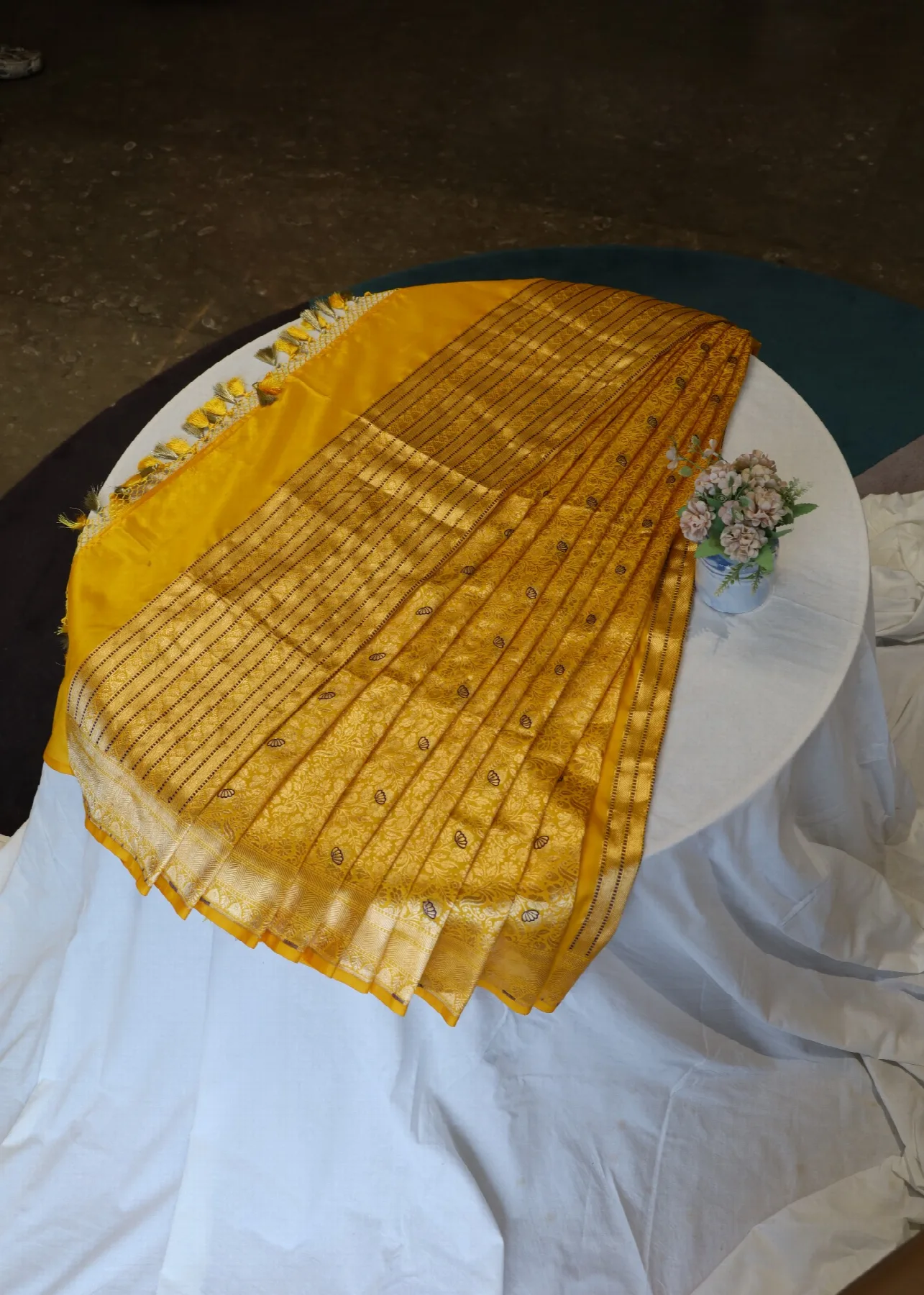 Yellow Katan Brocade Jaal with Blue Mina Buti