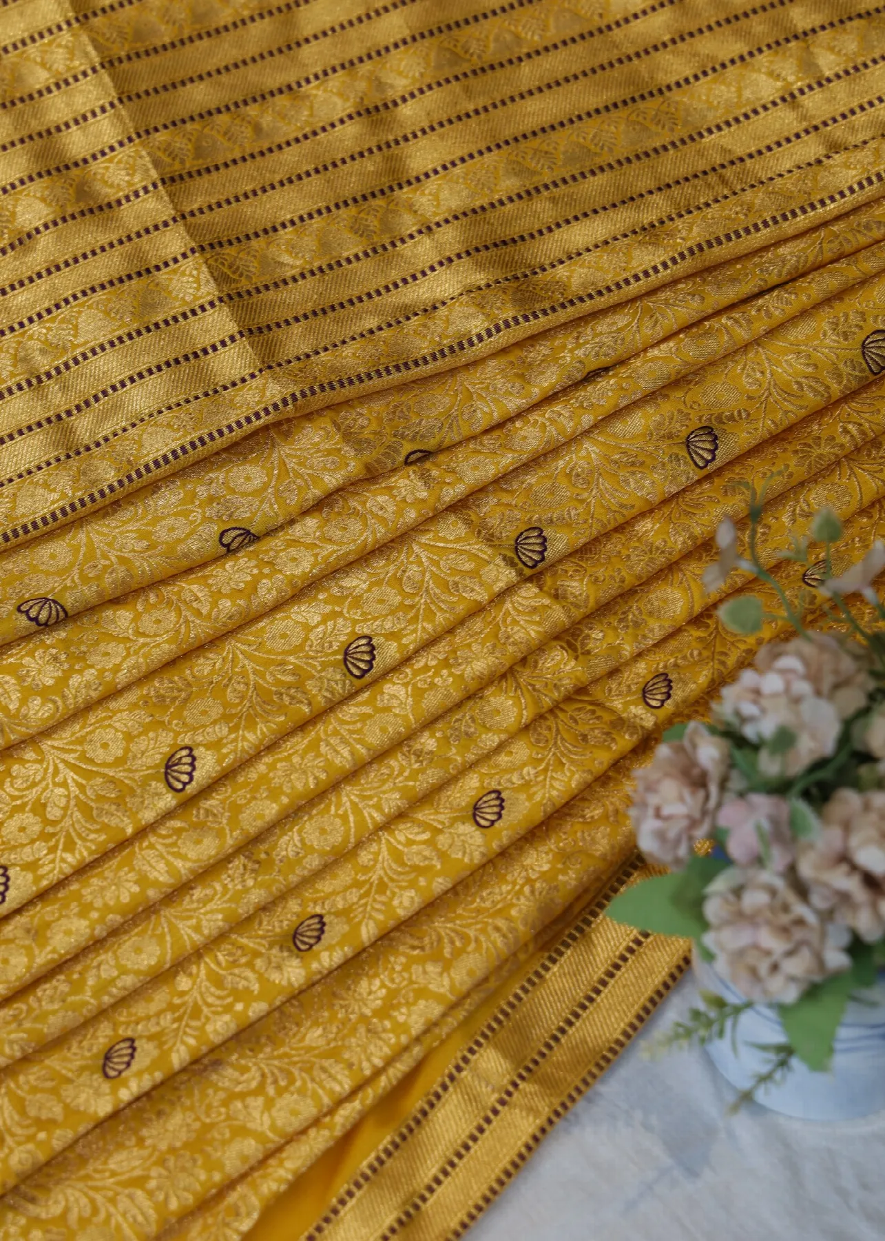 Yellow Katan Brocade Jaal with Blue Mina Buti - alternate