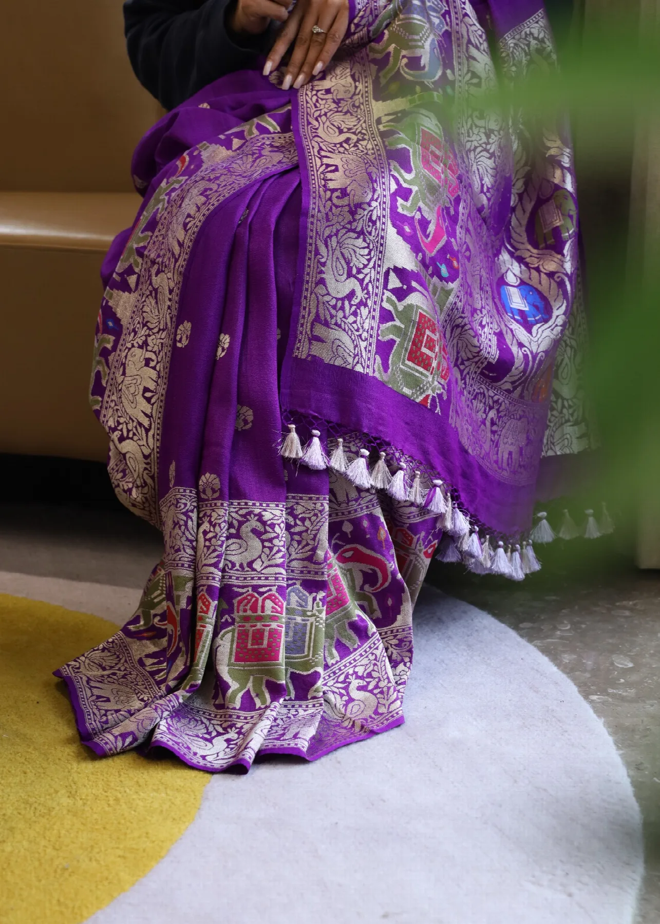 Purple Pure Tussar Paithani with elephant and peacock motifs