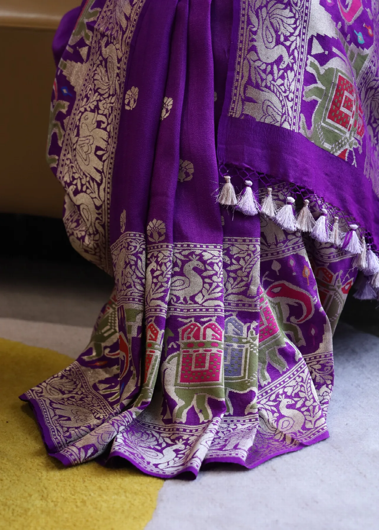 Purple Pure Tussar Paithani with elephant and peacock motifs - alternate