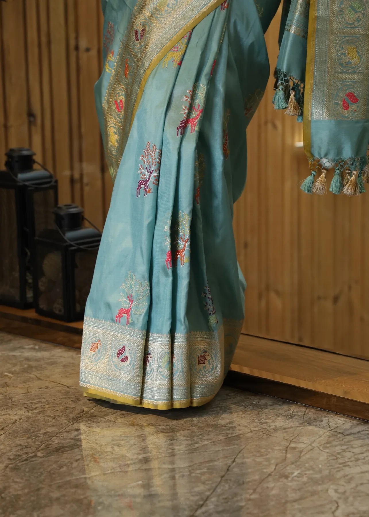 Sea Blue Shikargah with elephant and peacock motif