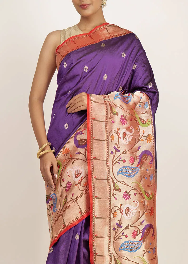 Purple katan saree with Paithani peacock border