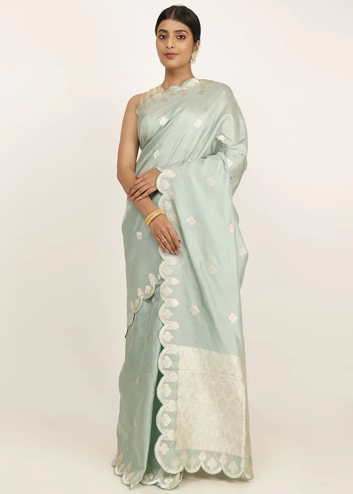 Kora Pure Katan With Silver Zari light green