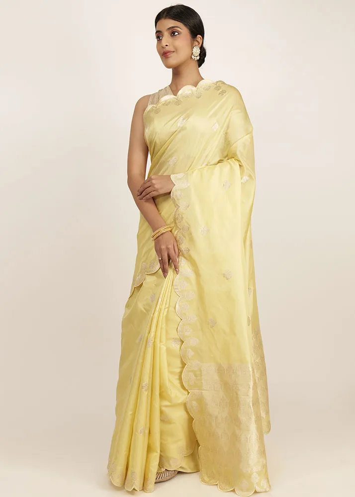 Kora Pure Katan With Silver Zari light yellow